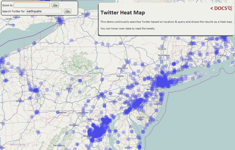 screenshot of jQuery Geo Twitter Heatmap demo